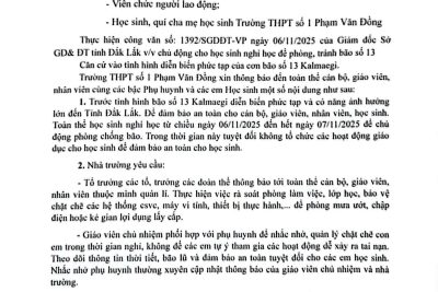 Thông báo v/v nghỉ học tránh bão số 13 Kalmaegi và công tác chủ động ứng phó