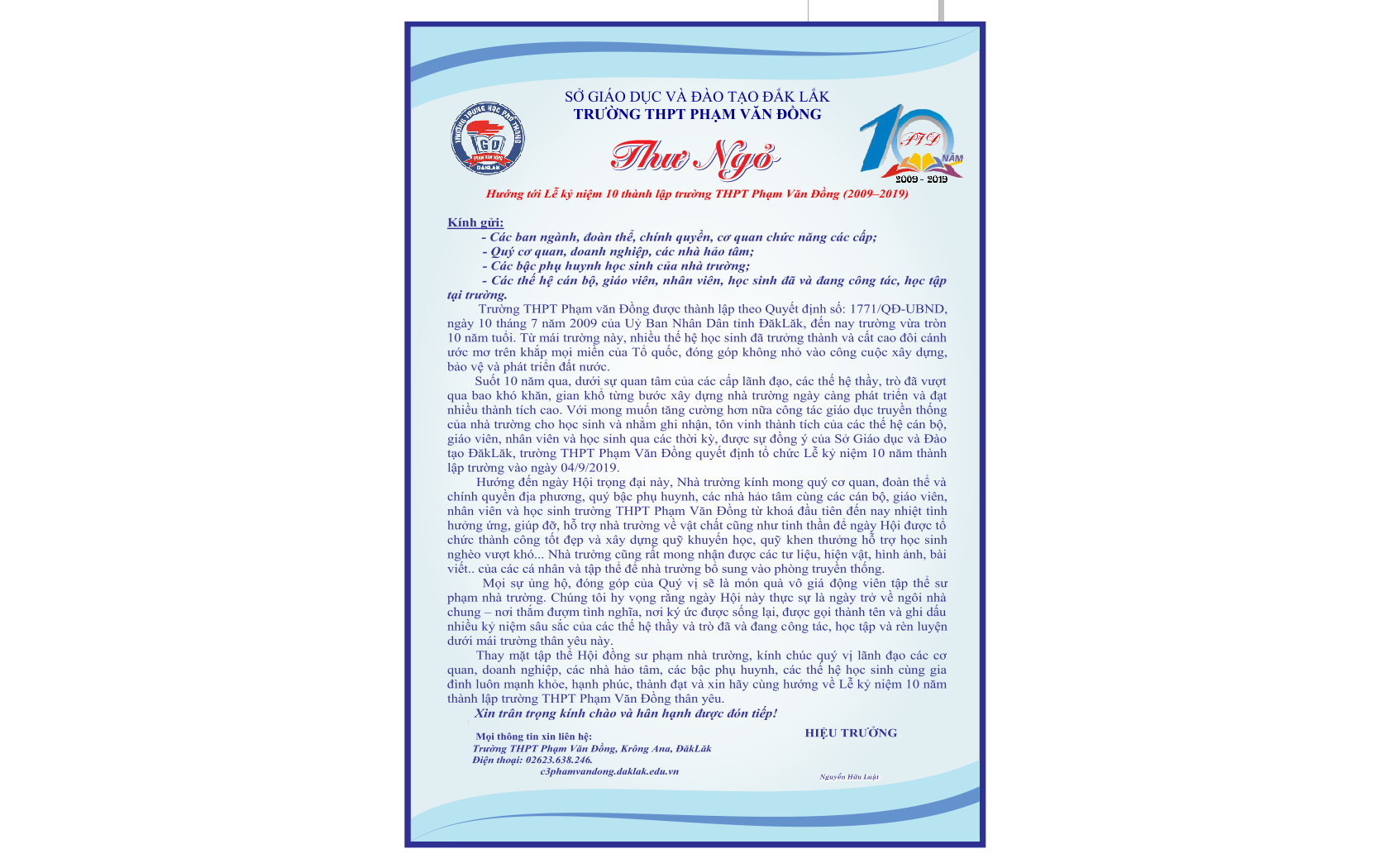 Thư ngỏ – Hướng tới Lễ kỷ niệm 10 năm thành lập Trường THPT Phạm Văn Đồng (2009-2019)